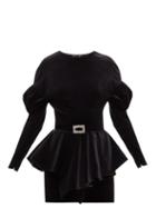Matchesfashion.com Alexandre Vauthier - Puff Sleeve Peplum Waist Velvet Mini Dress - Womens - Black