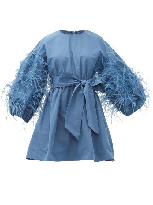 Matchesfashion.com Valentino - Feather-trim Cotton-blend Faille Mini Dress - Womens - Blue