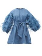 Matchesfashion.com Valentino - Feather-trim Cotton-blend Faille Mini Dress - Womens - Blue
