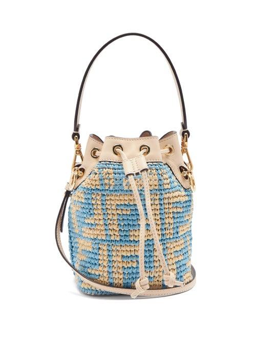 Matchesfashion.com Fendi - Mon Tresor Mini Ff-logo Raffia Bucket Bag - Womens - Light Blue