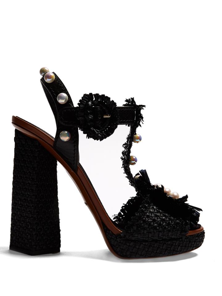 Dolce & Gabbana Faux Pearl-embellished Raffia And Leather Sandals