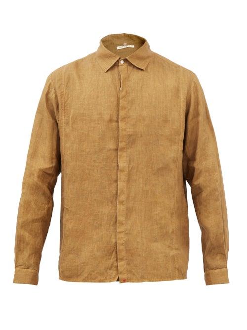 11.11 / Eleven Eleven - Concealed-placket Linen-khadi Shirt - Mens - Yellow