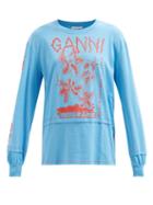 Ganni - Logo-print Jersey Long-sleeved T-shirt - Womens - Blue Multi