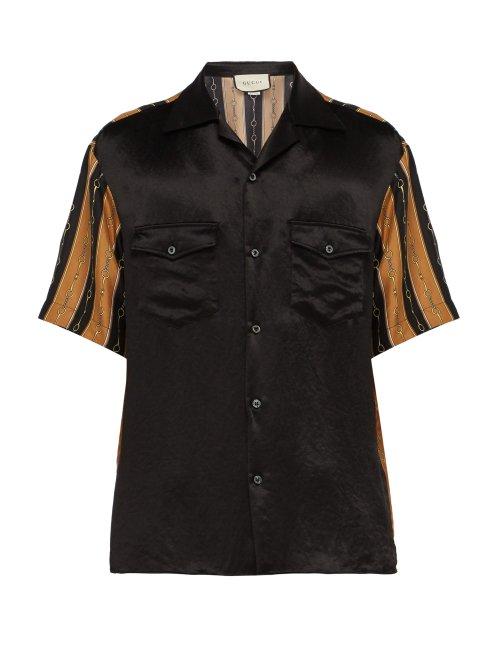 Matchesfashion.com Gucci - Horsebit Print Short Sleeved Silk Blend Shirt - Mens - Black Multi