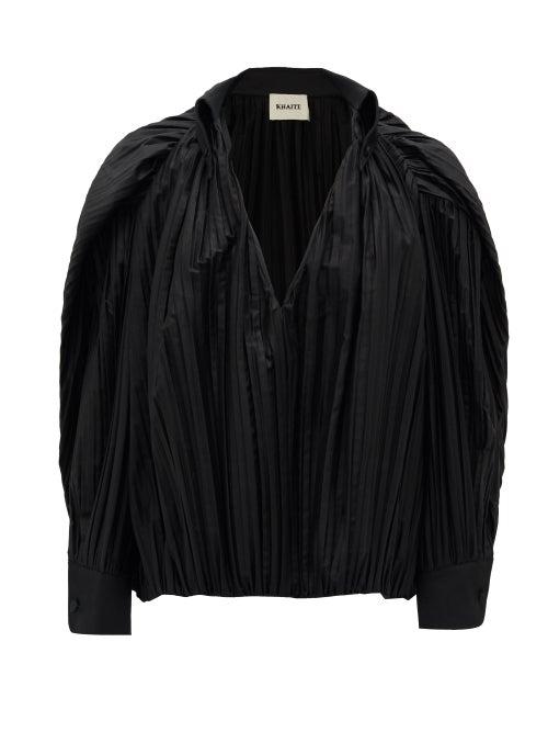 Matchesfashion.com Khaite - Malone Balloon-sleeve Pleated Cotton Blouse - Womens - Black