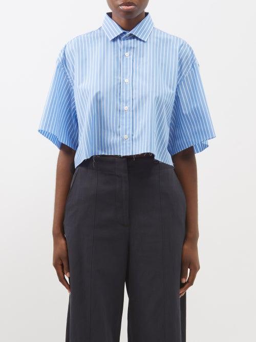 Hommegirls - Cropped Striped Cotton-poplin Oversized Shirt - Womens - Blue Stripe