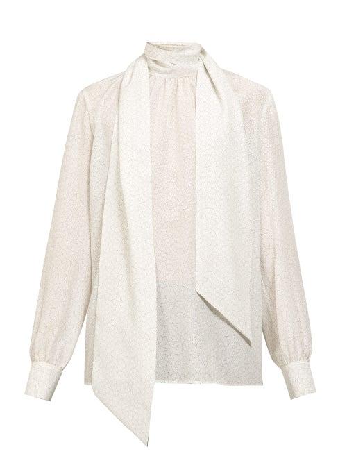 Matchesfashion.com Fendi - Geometric Polka Dot Print Tie Neck Blouse - Womens - White