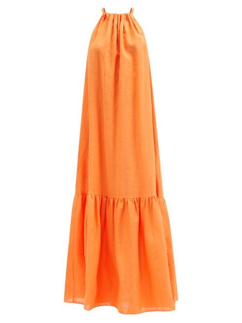 Asceno - Ibiza Fluted Organic-linen Voile Maxi Dress - Womens - Orange