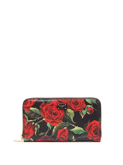 Matchesfashion.com Dolce & Gabbana - Rose Print Leather Continental Wallet - Womens - Black Red