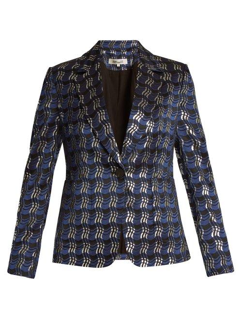 Matchesfashion.com Diane Von Furstenberg - Waved Check Single Breasted Jacquard Jacket - Womens - Navy Multi
