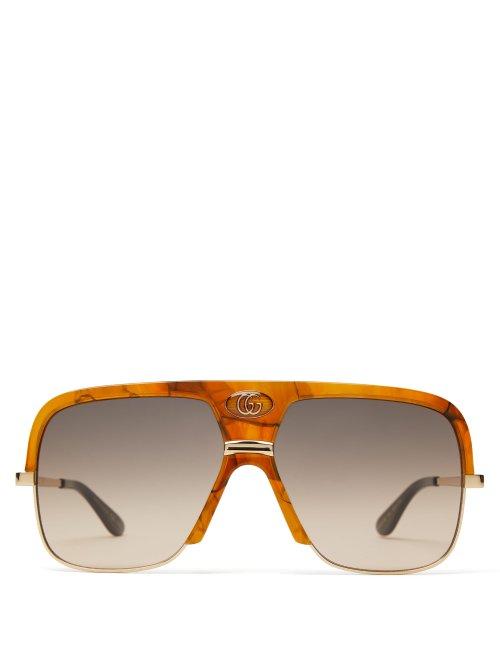 Matchesfashion.com Gucci - Monogram Tortoiseshell Effect Navigator Sunglasses - Mens - Tortoiseshell
