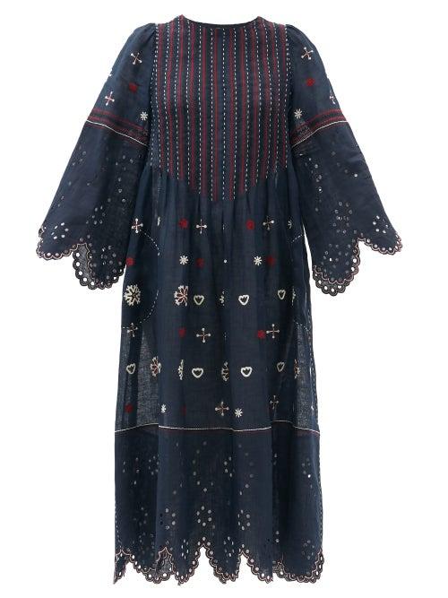 Matchesfashion.com Vita Kin - Jacqueline Broderie-anglaise Linen Midi Dress - Womens - Navy Multi
