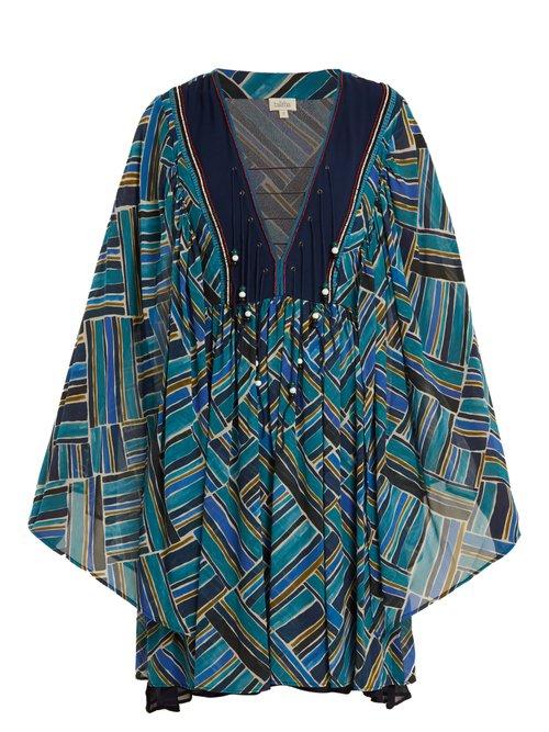 Matchesfashion.com Talitha - Painted Jasmin Graphic Print Silk Chiffon Dress - Womens - Blue Multi