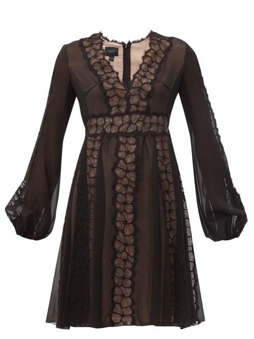 Matchesfashion.com Giambattista Valli - Floral Lace Trim Silk Georgette Dress - Womens - Black