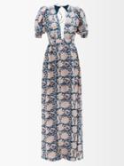 Hannah Artwear - Surya Puff-sleeve Printed Silk Maxi Dress - Womens - Navy Pink