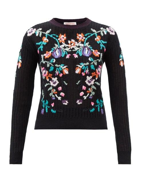 Valentino - Floral-embroidery Virgin-wool Sweater - Womens - Black Multi