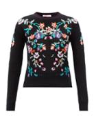Valentino - Floral-embroidery Virgin-wool Sweater - Womens - Black Multi