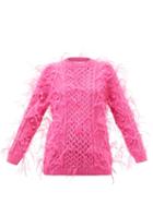 Valentino - Feather-trimmed Wool Cable-knit Sweater - Womens - Pink
