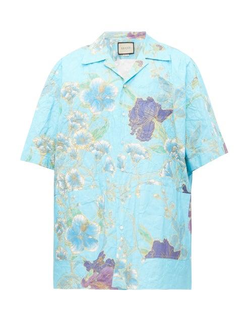 Matchesfashion.com Gucci - Floral Print Paper Effect Shirt - Mens - Blue Multi