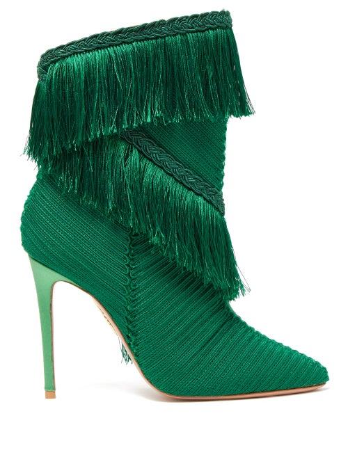 Matchesfashion.com Aquazzura - Soutage 105 Fringed Point Toe Satin Boots - Womens - Green