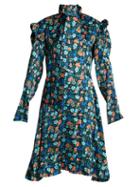 Matchesfashion.com Vetements - Floral Print Tie Neck Silk Satin Dress - Womens - Blue Multi