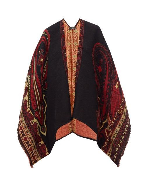 Matchesfashion.com Etro - Paisley Jacquard Wool Blend Fringed Cape - Womens - Black