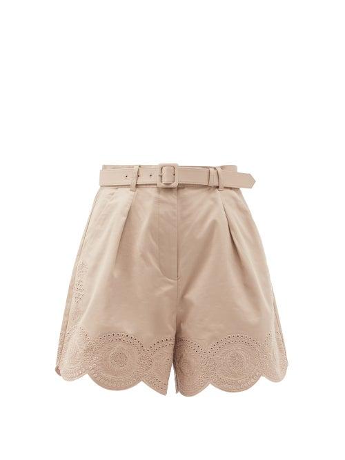 Ladies Rtw Self-portrait - Broderie Anglaise Scalloped Cotton Shorts - Womens - Light Beige