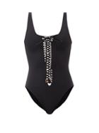 Saint Laurent - Saharienne Lace-up Swimsuit - Womens - Black