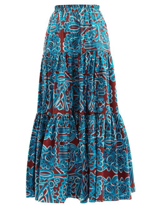Matchesfashion.com La Doublej - Big Skirt Parnaveg Turchese-print Cotton Skirt - Womens - Blue Multi