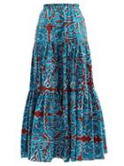 Matchesfashion.com La Doublej - Big Skirt Parnaveg Turchese-print Cotton Skirt - Womens - Blue Multi