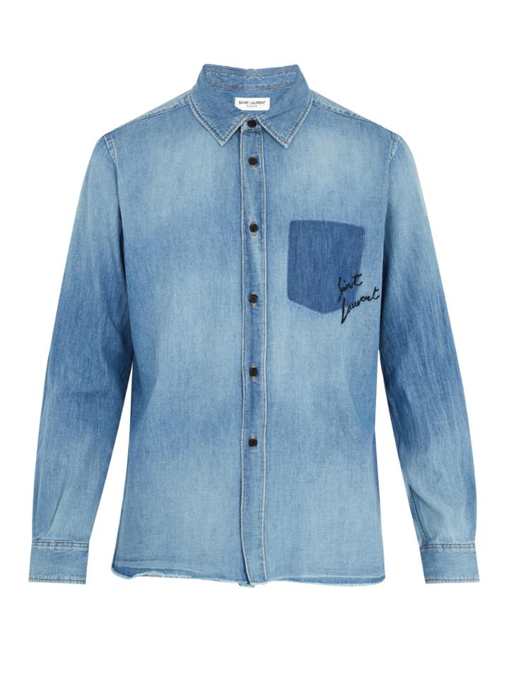 Saint Laurent Distressed Logo-embroidered Cotton Shirt