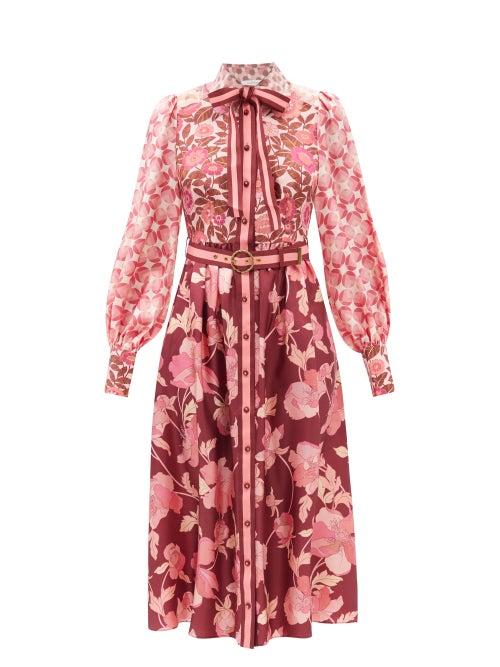 Zimmermann - Concert Spliced Floral-print Silk Midi Dress - Womens - Pink Print
