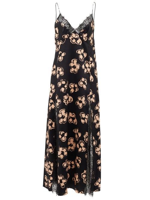 Matchesfashion.com Marina Moscone - Lace-trim Floral-print Satin Slip Dress - Womens - Black Print