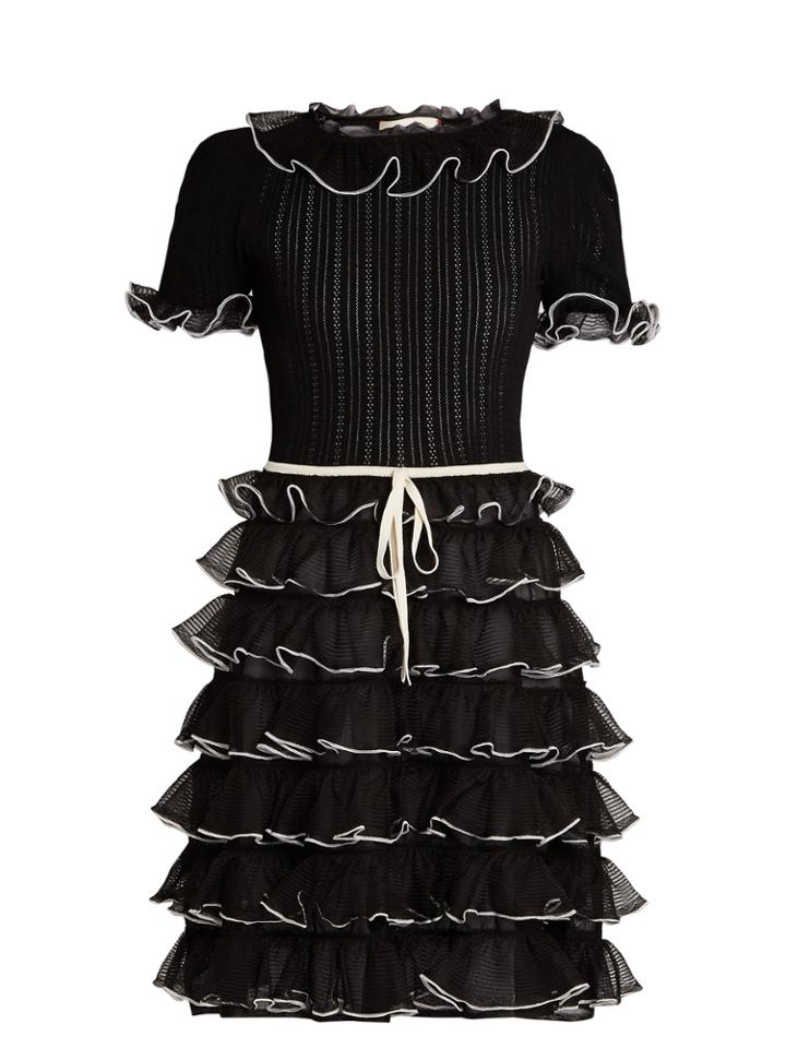 Gucci Pointelle-knit Short-sleeved Ruffled Silk Dress