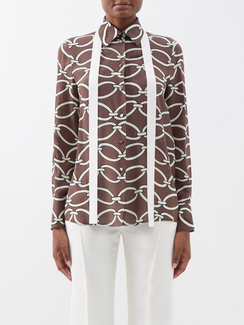 Valentino - Chain-print Silk Crepe De Chine Shirt - Womens - Brown Multi