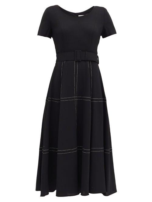 Matchesfashion.com Goat - Kelly Belted Topstitched Wool Midi Dress - Womens - Black