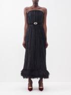 Andrew Gn - Belted Feather-trimmed Silk-blend Pliss Dress - Womens - Black