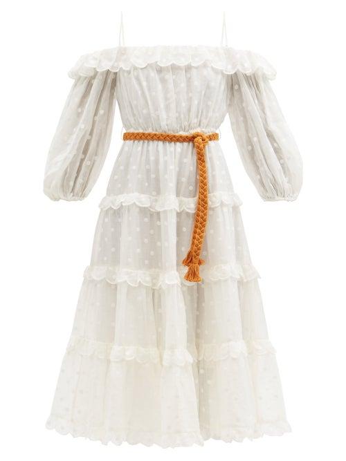 Ladies Beachwear Zimmermann - Mae Ruffled Dot-embroidered Voile Midi Dress - Womens - Ivory
