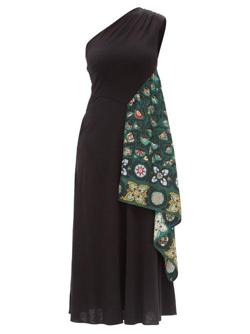 La Doublej - Cascata One-shoulder Wool-jersey Midi Dress - Womens - Black Multi