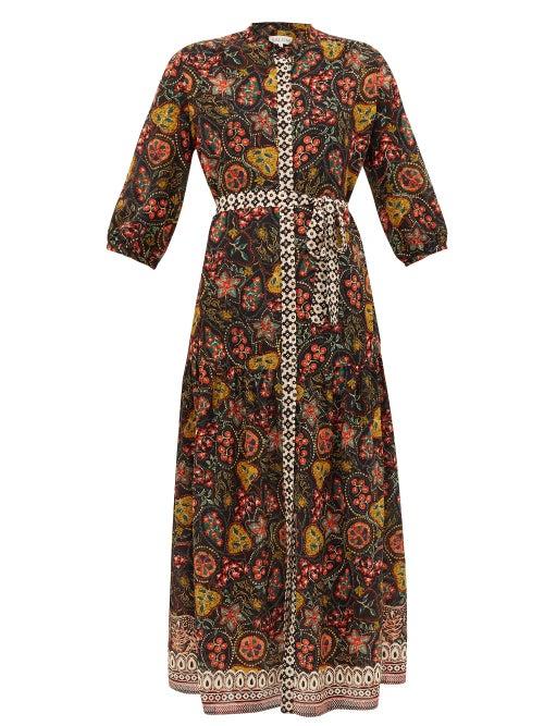 Matchesfashion.com Saloni - Tyra Botanical-print Silk Midi Dress - Womens - Black Multi