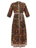 Matchesfashion.com Saloni - Tyra Botanical-print Silk Midi Dress - Womens - Black Multi