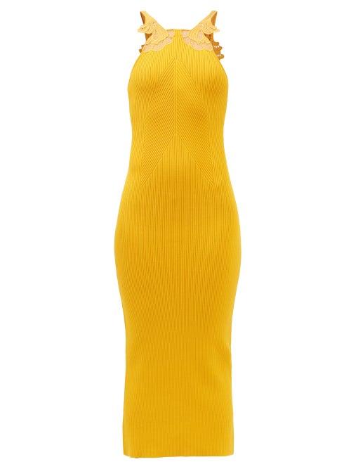Self-portrait - Lace-insert Rib-knitted Midi Dress - Womens - Yellow