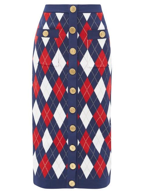 Matchesfashion.com Balmain - Argyle-jacquard Knitted Midi Skirt - Womens - Navy Multi