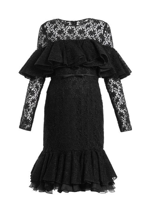 Matchesfashion.com Giambattista Valli - Layered Ruffled Cotton Blend Macram Lace Dress - Womens - Black
