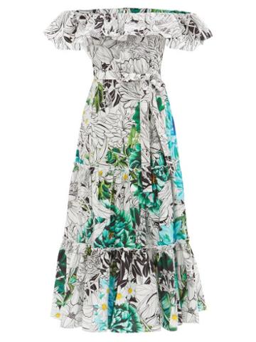Mary Katrantzou Mary-mare - Cannes Off-the-shoulder Floral-print Dress - Womens - Green Print