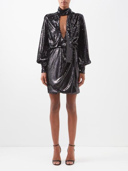 Raquel Diniz - Tais Plunge-neck Sequinned Dress - Womens - Black