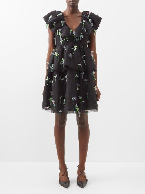 Ganni - Floral Embroidered Georgette Mini Dress - Womens - Black