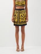 Versace - Baroque-print Pleated Silk-twill Mini Skirt - Womens - Yellow Black