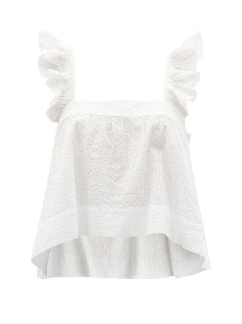 Ladies Beachwear Wiggy Kit - Paperwhite Ruffled Cotton-seersucker Top - Womens - White