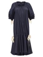 Matchesfashion.com Lee Mathews - Elsie Puff Sleeve Cotton Blend Dress - Womens - Navy